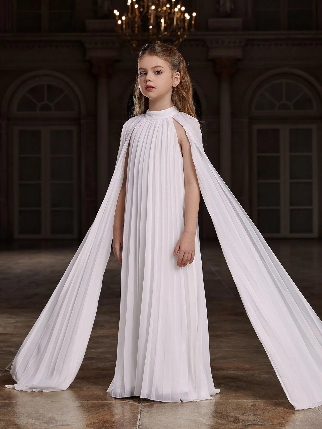 Tween Girls' Mock Neck Extra-Long Sleeves Pleated Chiffon Dress - Elonnashop