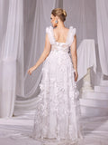 Floral Applique Plunging Neck Split Mesh Wedding Dress - Elonnashop