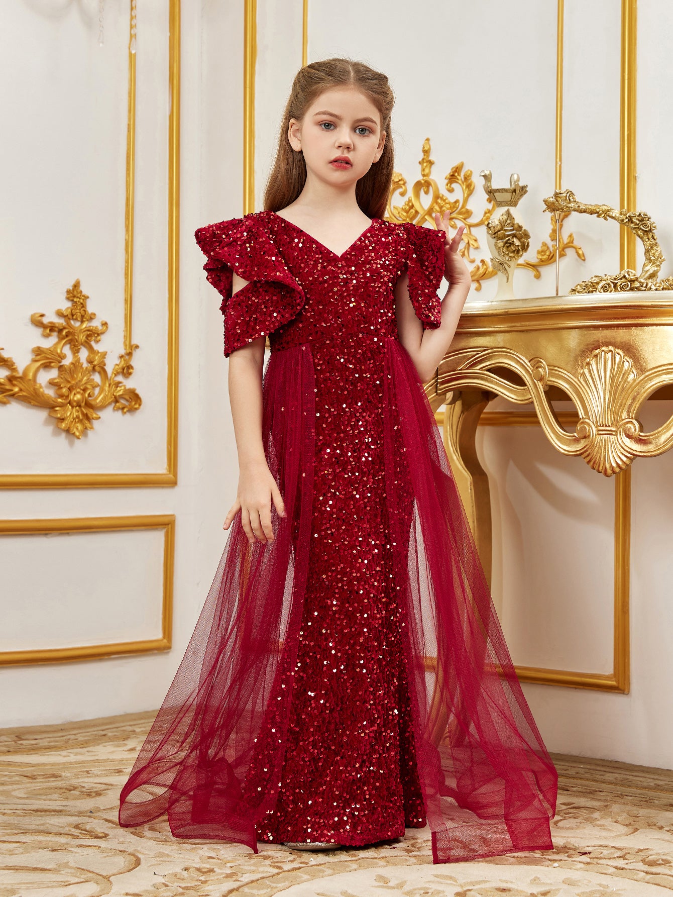 Luxury Designer Dresses For Girl Child Tween Girls' V Neck Ruffle Sleeves Mesh Overlay Sequin Party Dress Elonnashop Luxury Designer Dresses For Girl Child Tween Girls' V Neck Ruffle Sleeves Mesh Overlay Sequin Party Dress Elonnashop