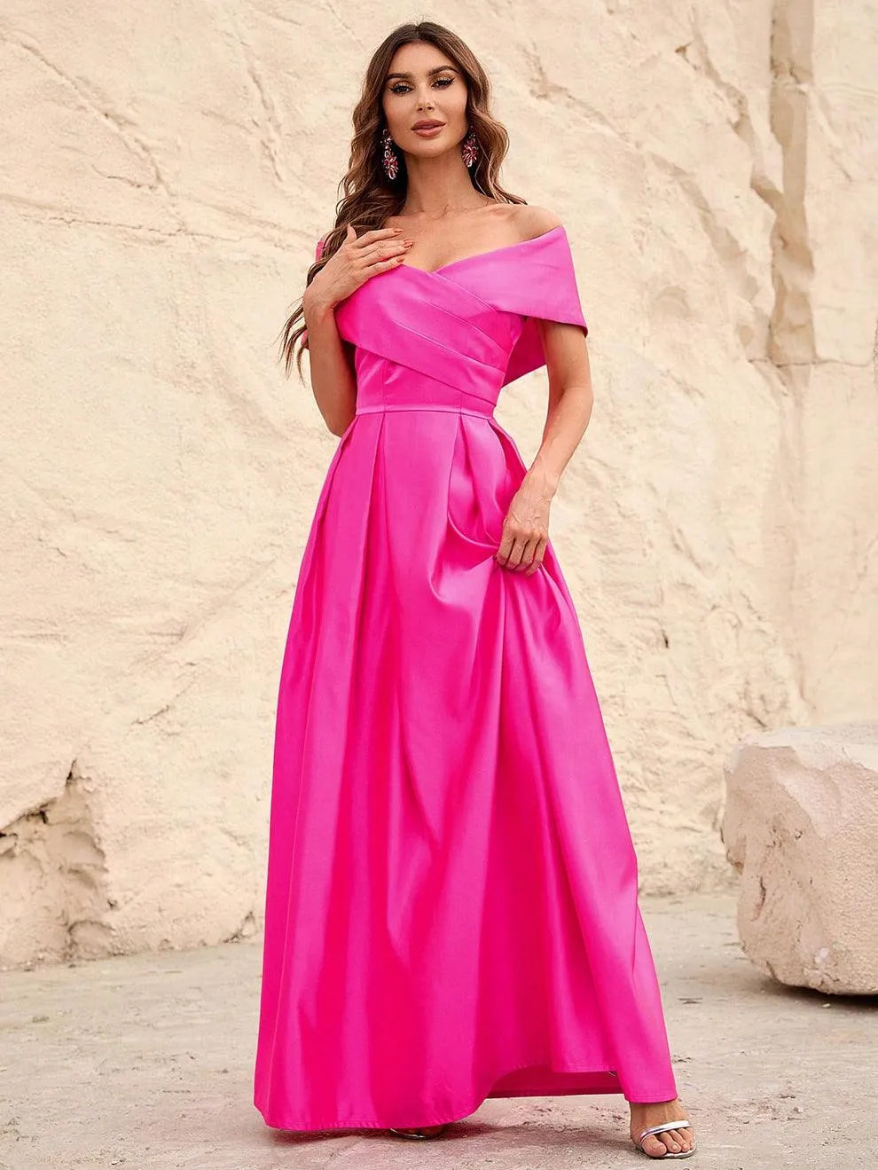 Off Shoulder Fold Pleated Detail Satin A Line Dress - Elonnashop