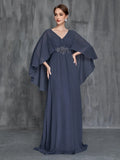 Womens' Applique Detail V Neck Chiffon Cape Dress - Elonnashop