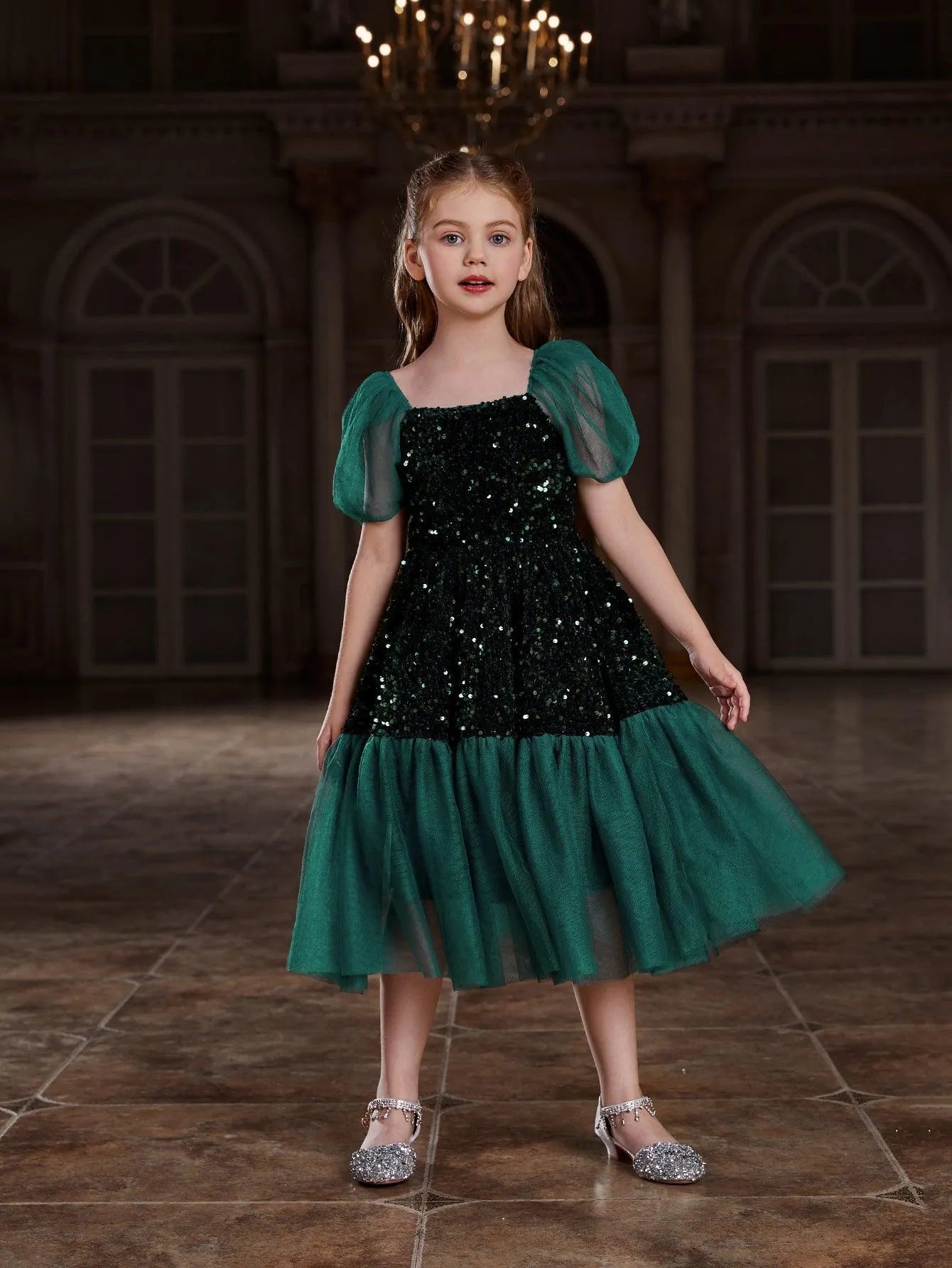 Tween Girls' Puff Sleeves Contrast Mesh Sequin Party Dress - Elonnashop