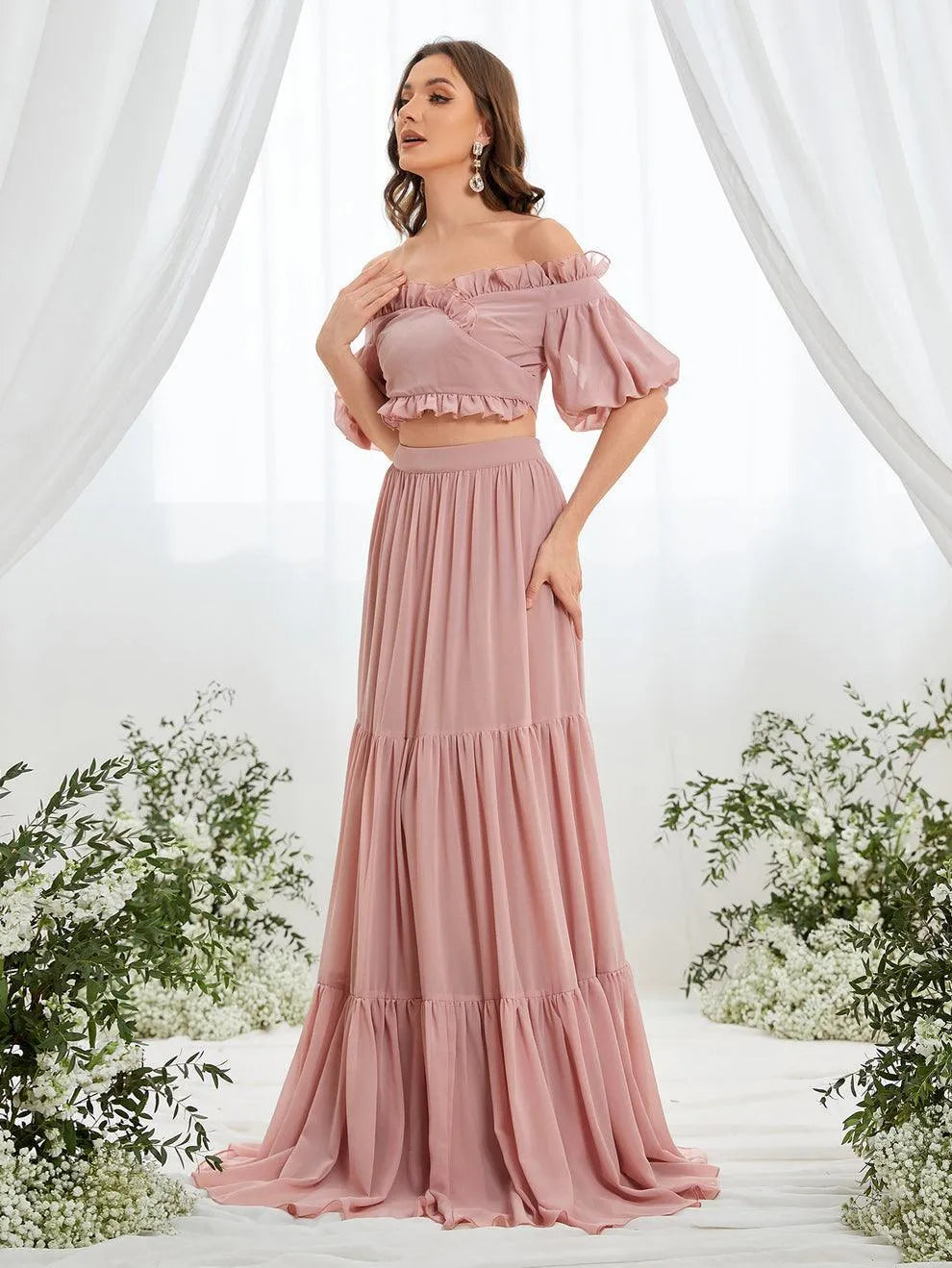 Off Shoulder Puff Sleeve Crop Top & Layered Chiffon Skirt - Elonnashop