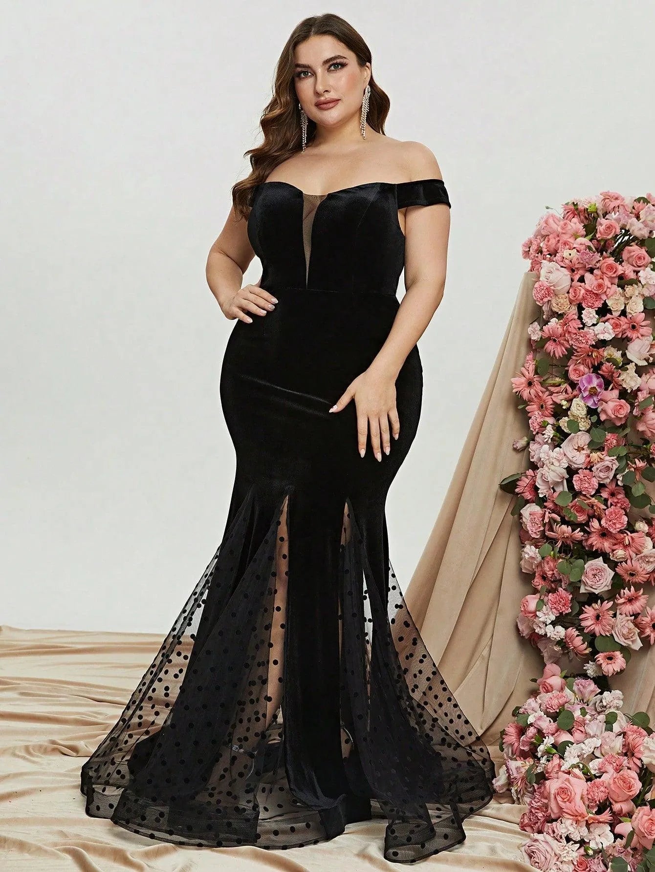 Plus Off Shoulder Mesh Insert Mermaid Dresses - Elonnashop