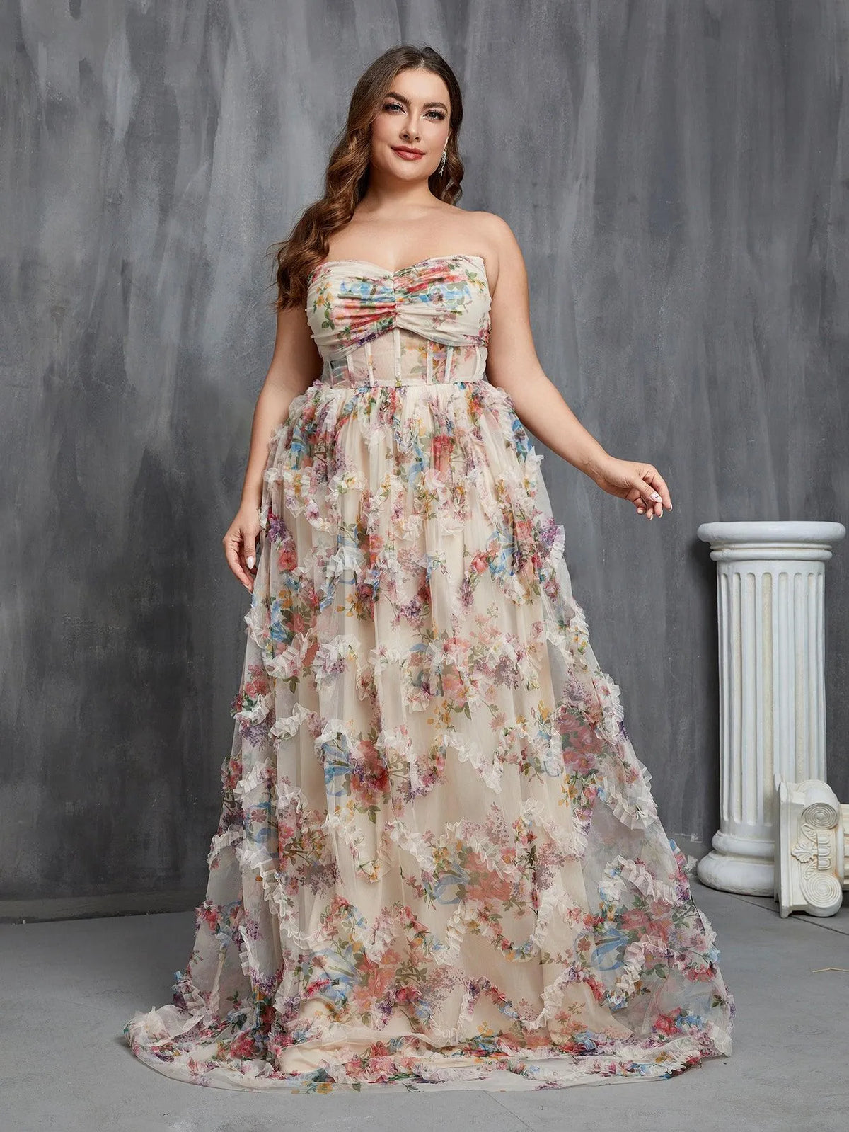 Plus Ruched Bustier Ruffle Trim Hem Floral Printed Tube Dress - Elonnashop