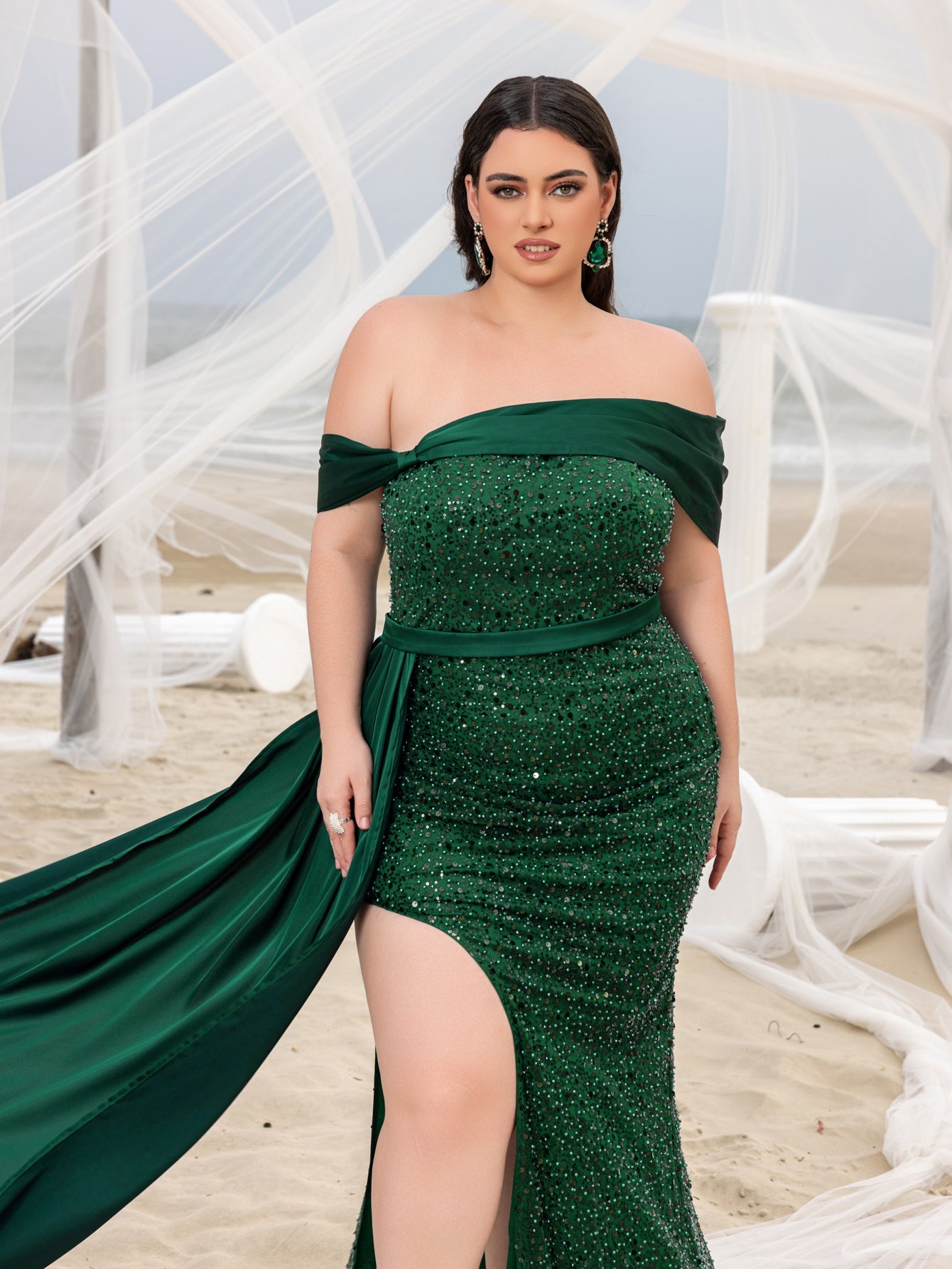 Plus Elegant Off Shoulder Draped Side Split Mermaid Hem Sequin Evening Dress