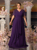 Plus Womens' Evening Gown with Lace Short Sleeves, Sparkling Beaded Accents & Flowing Cascading Skirt – Dramatic Deep V-Neck Formal Dress