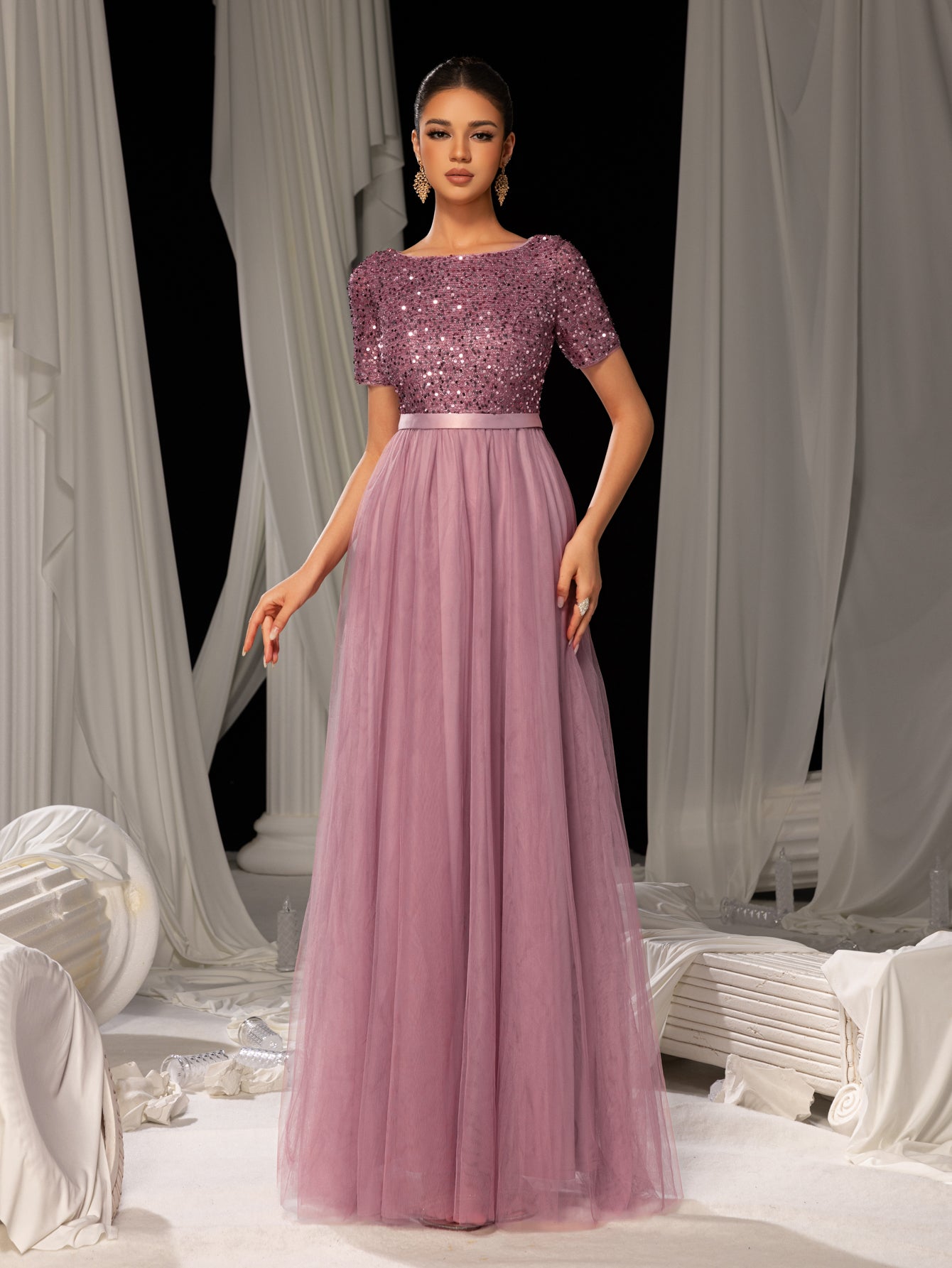 Elegant Tulle Party Dress with Sequin Top Tulle Skirt – Luxury Evening Wear for Weddings, Formal Dinners Red Carpet Events Mauve XS