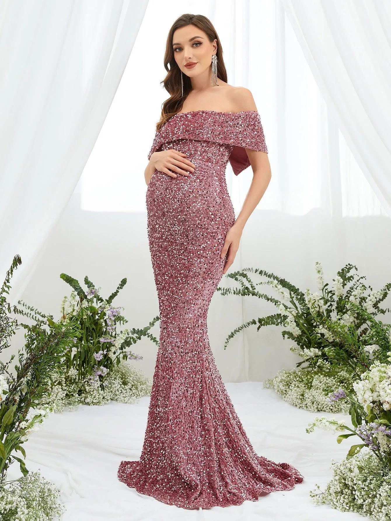 Maternity Off Shoulder Sequin Mermaid Dress - Elonnashop