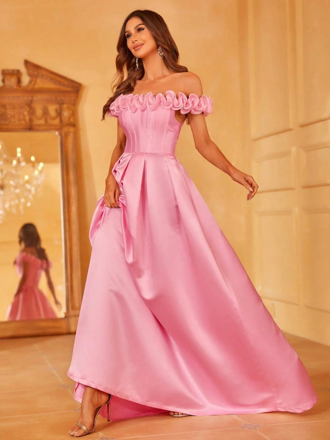 Off Shoulder Ruffle Trim Satin Prom Dress - Elonnashop