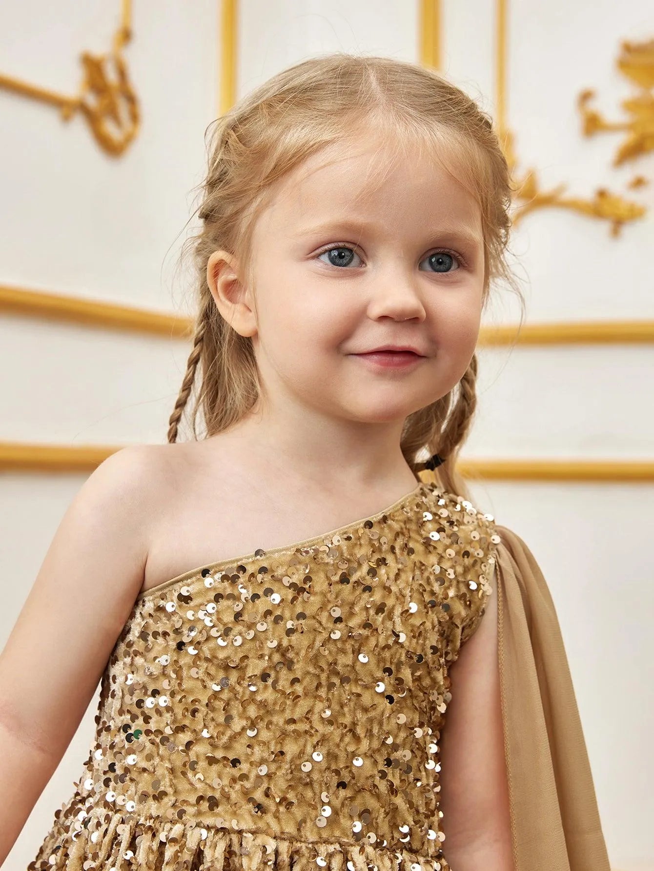 Young Girls' One Shoulder Draped Side Sequin A Line Dress - Elonnashop