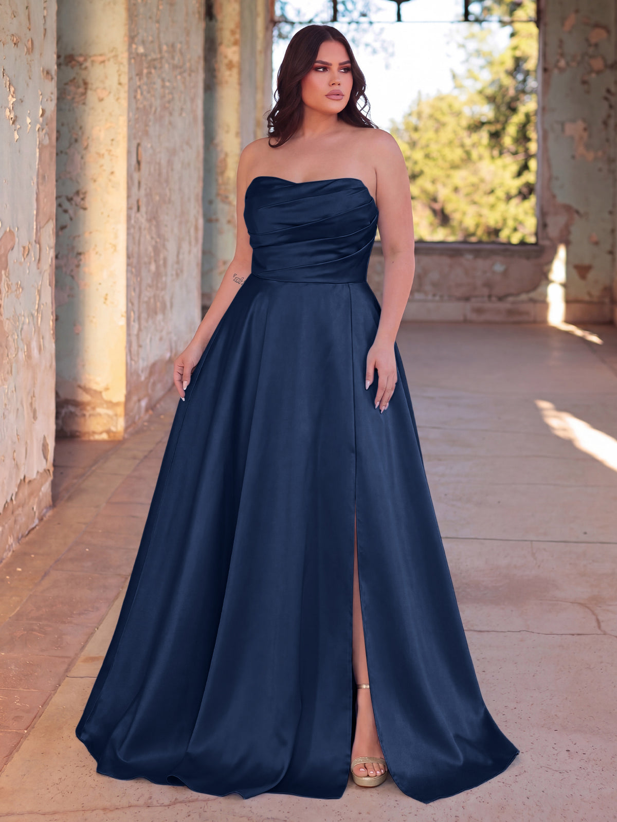 Plus Elegant Strapless Satin Maxi Dress with High Front Slit, Open Back Lace-Up Corset, Flowy A-Line Skirt for Galas, Weddings, Prom
