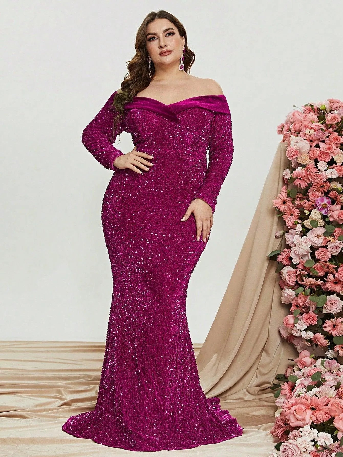 Plus Off Shoulder Long Sleeve Sequin Mermaid Dresses - Elonnashop