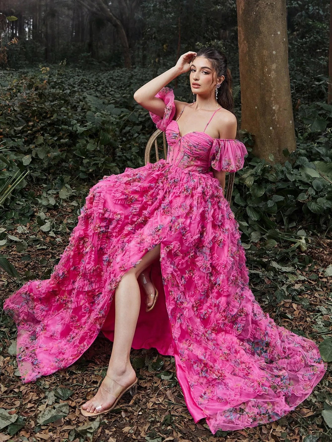 Floral Tulle Off Shoulder Puff Sleeves Slip Prom Dress - Elonnashop