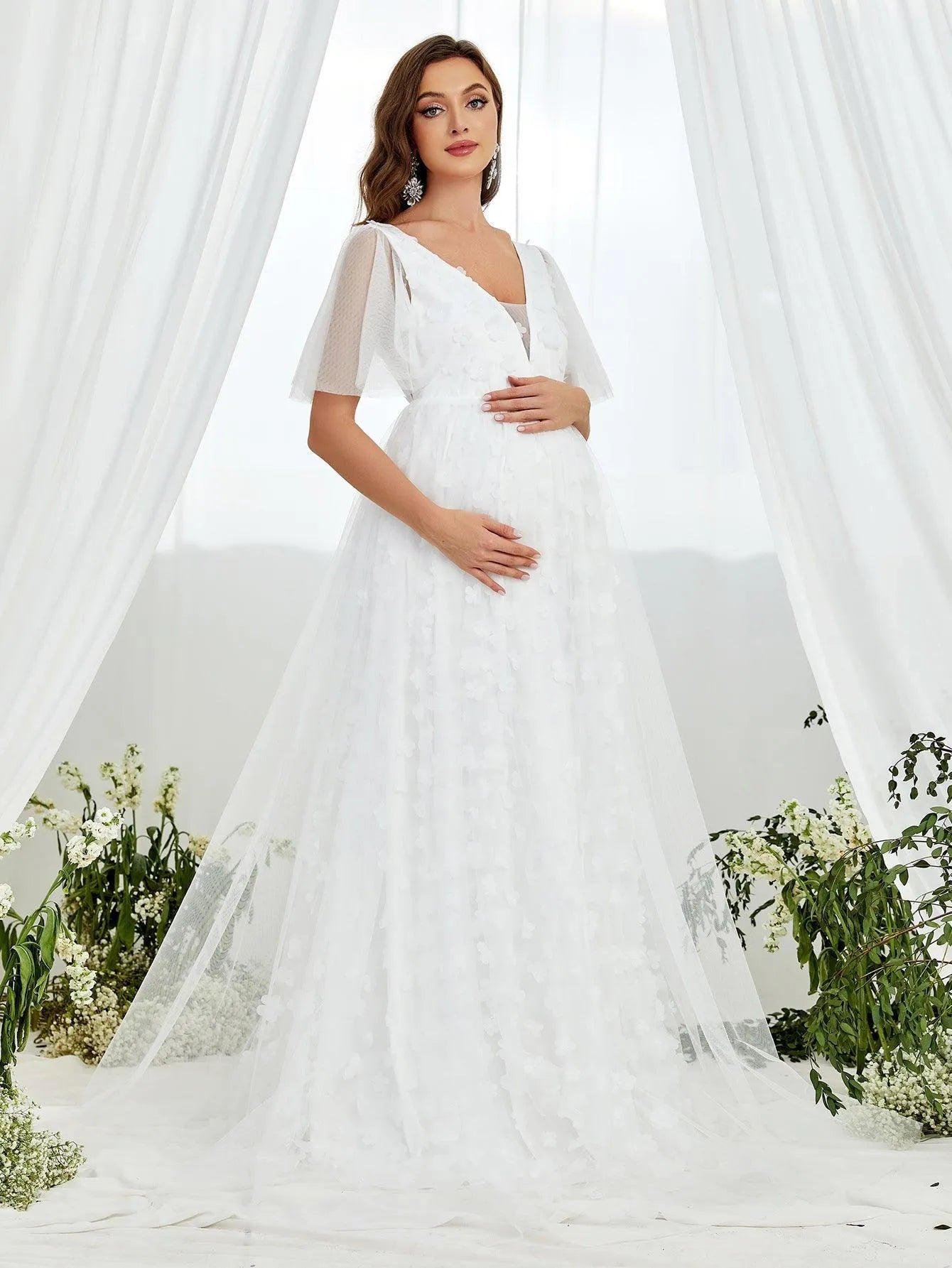 Maternity Butterfly Sleeve Floral Applique Mesh Wedding Dress - Elonnashop