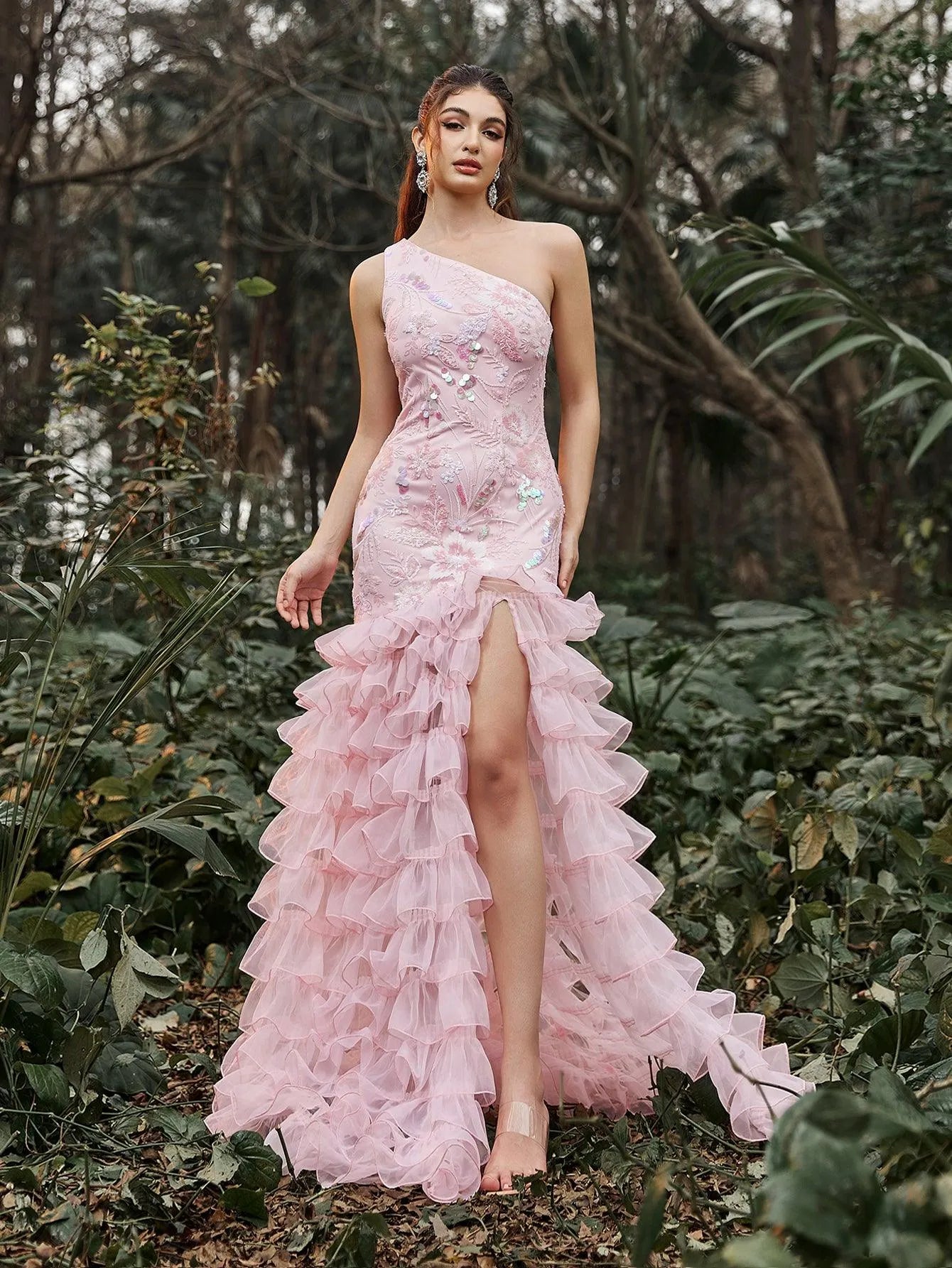 Luxury One Shoulder Tulle Mermaid Hem Floral Sequin Prom Dress - Elonnashop