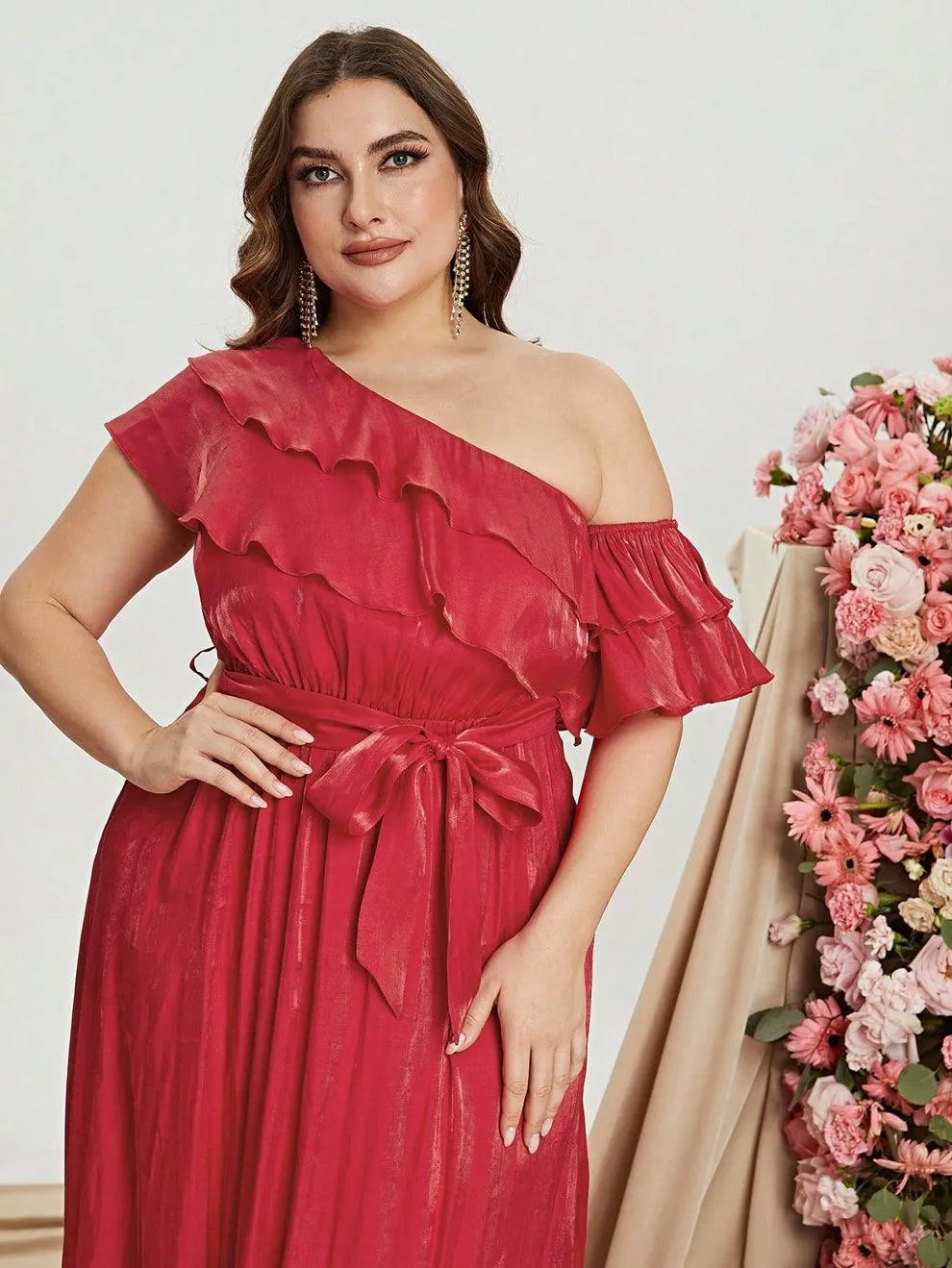 Plus Size Asymmetrical One Shoulder Chiffon A Line Dresses - Elonnashop