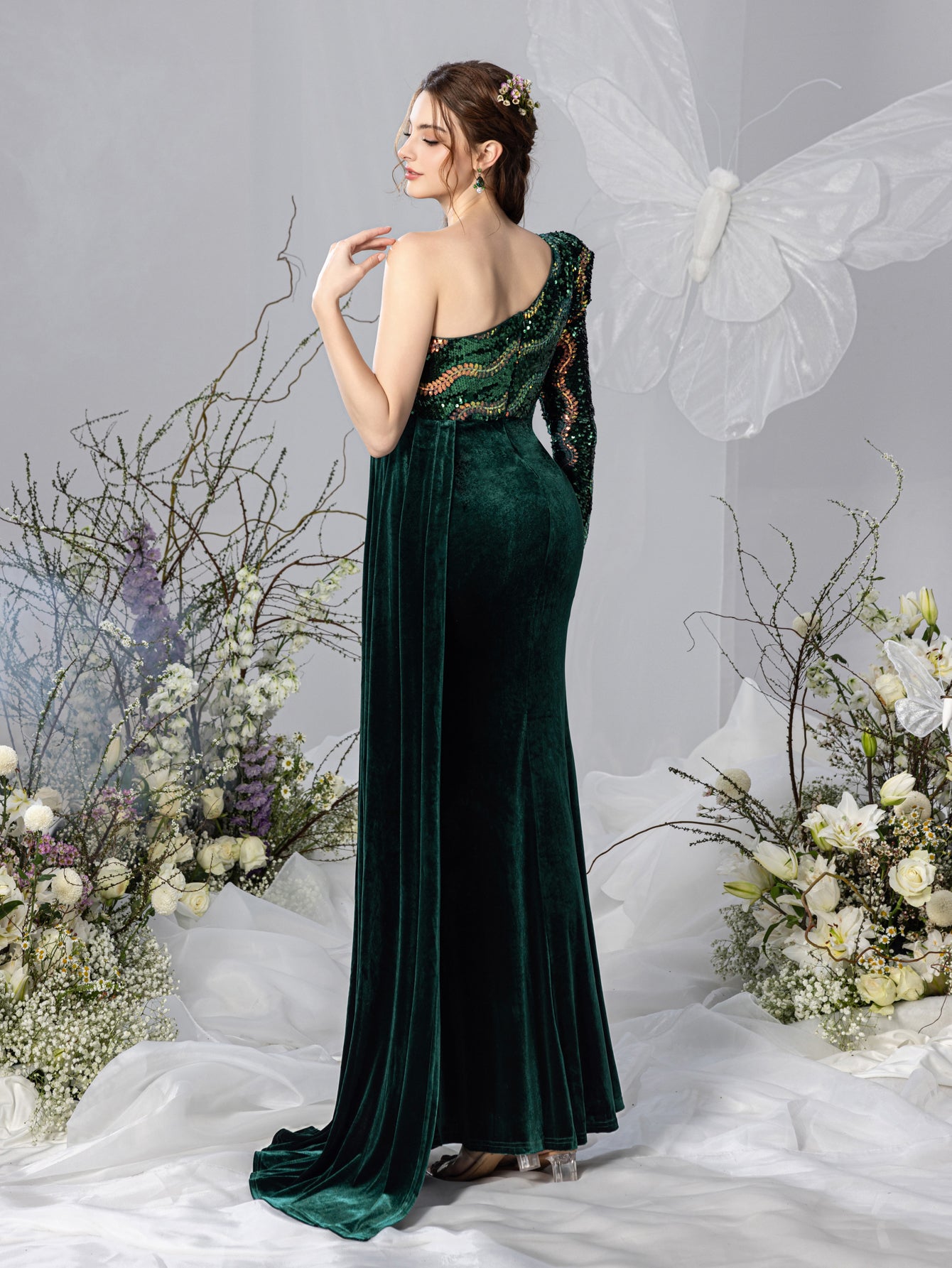 Maternity One Shoulder Split Mermaid Hem Contrast Sequin Velvet Evening Dress