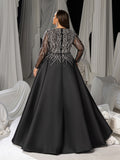 Plus Size Deep V-Neck Sequin Illusion Evening Gown - Satin Formal Dress with Long Sleeves & A-Line Skirt