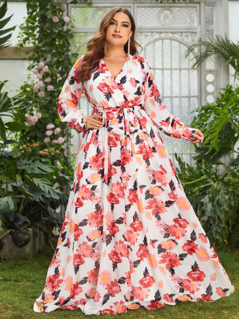 Plus Floral Elegance Long-Sleeve Maxi Dress – Elonnashop