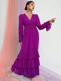 Solid Lantern Sleeves Layered Ruffle Hem Chiffon Dress - Elonnashop