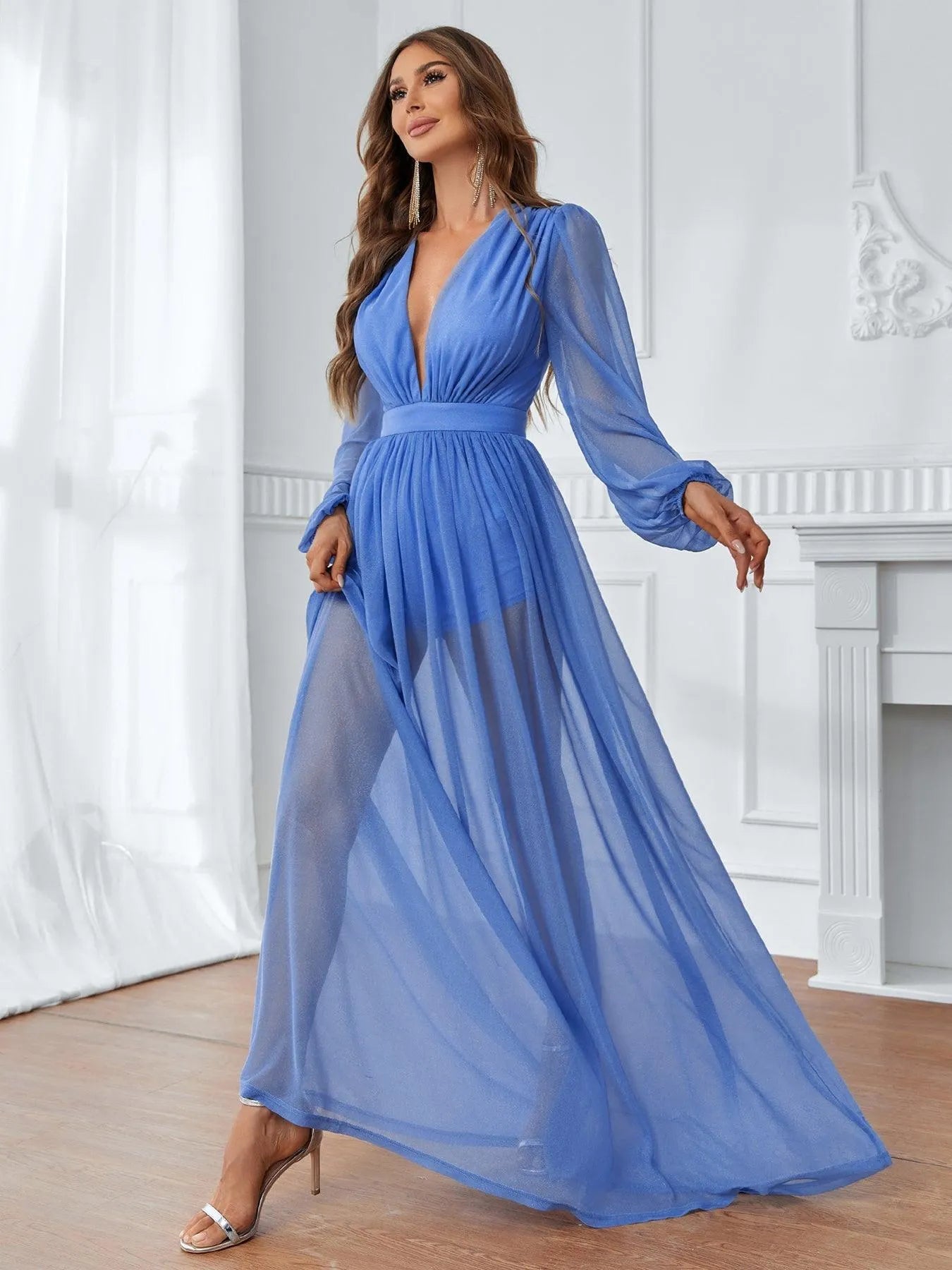 Plunging Neck Lantern Sleeve Floor Length A Line Dress - Elonnashop