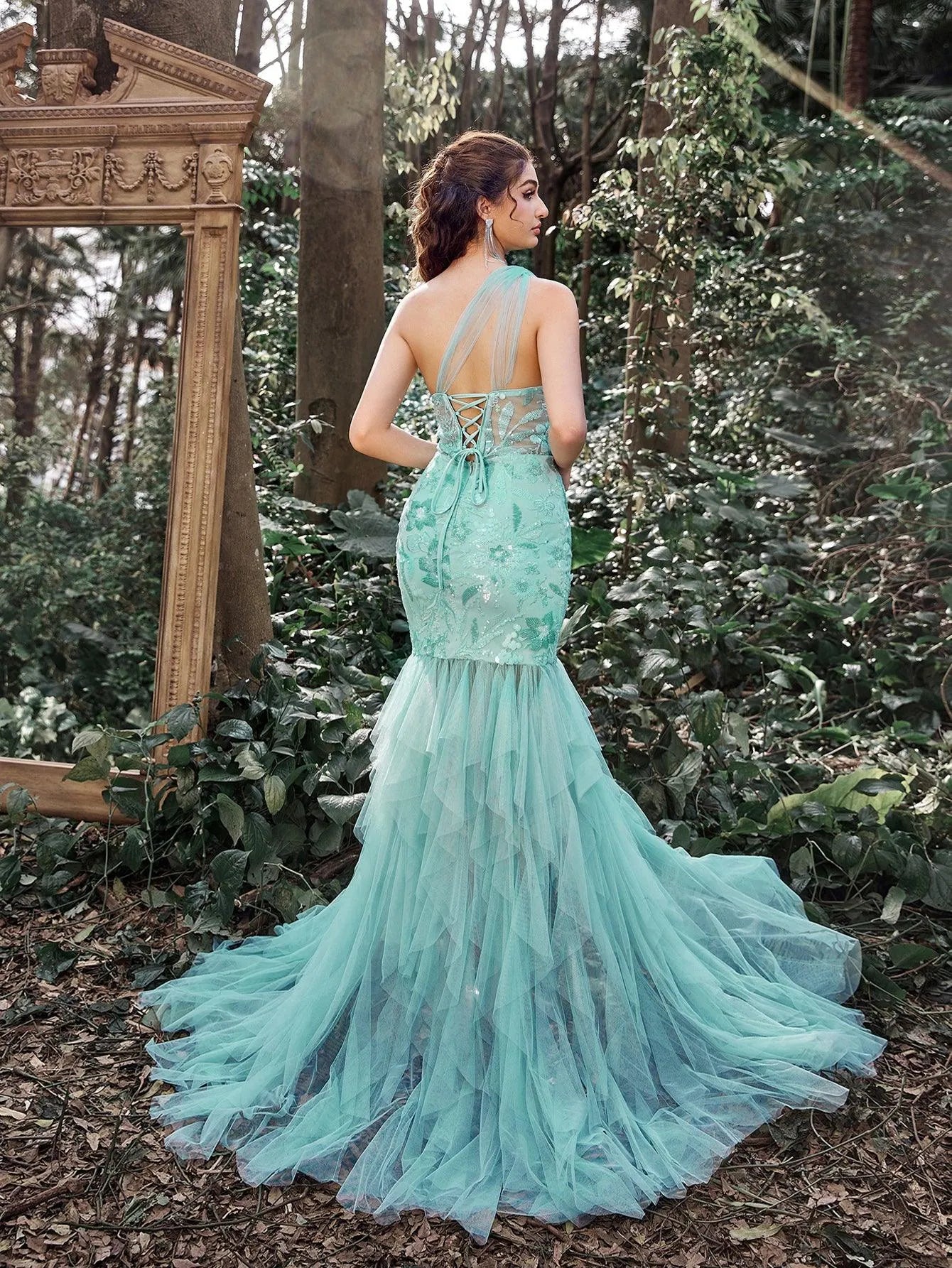 Luxury One Shoulder Tulle Overlay Mermaid Hem Floral Sequin Prom Dress - Elonnashop