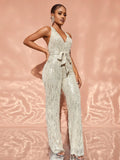 Chic Halter Neck Backless Sequin Belted Jumpsuit - Elonnashop