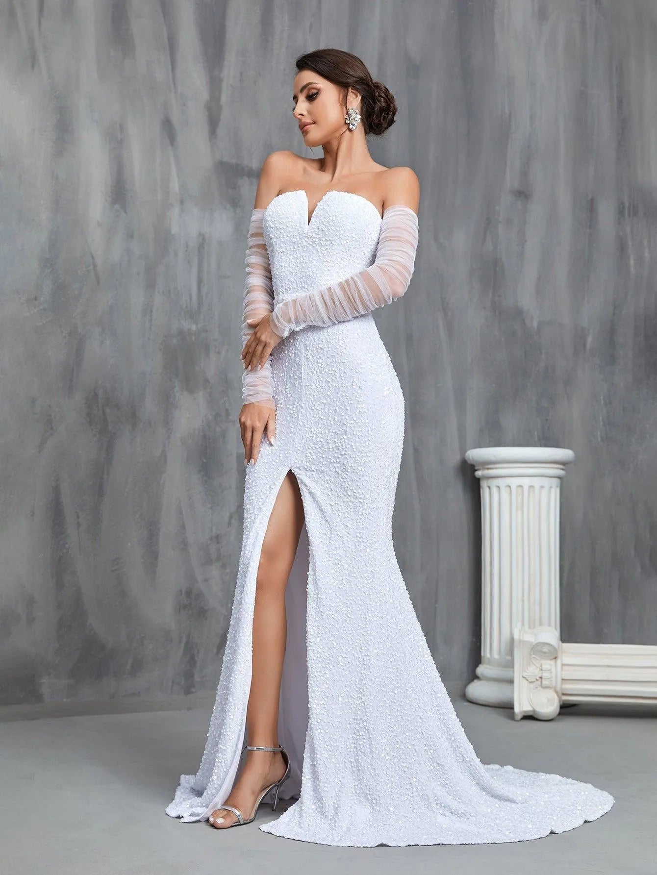 Mermaid Hem Split Sequin Tube Wedding Dress - Elonnashop