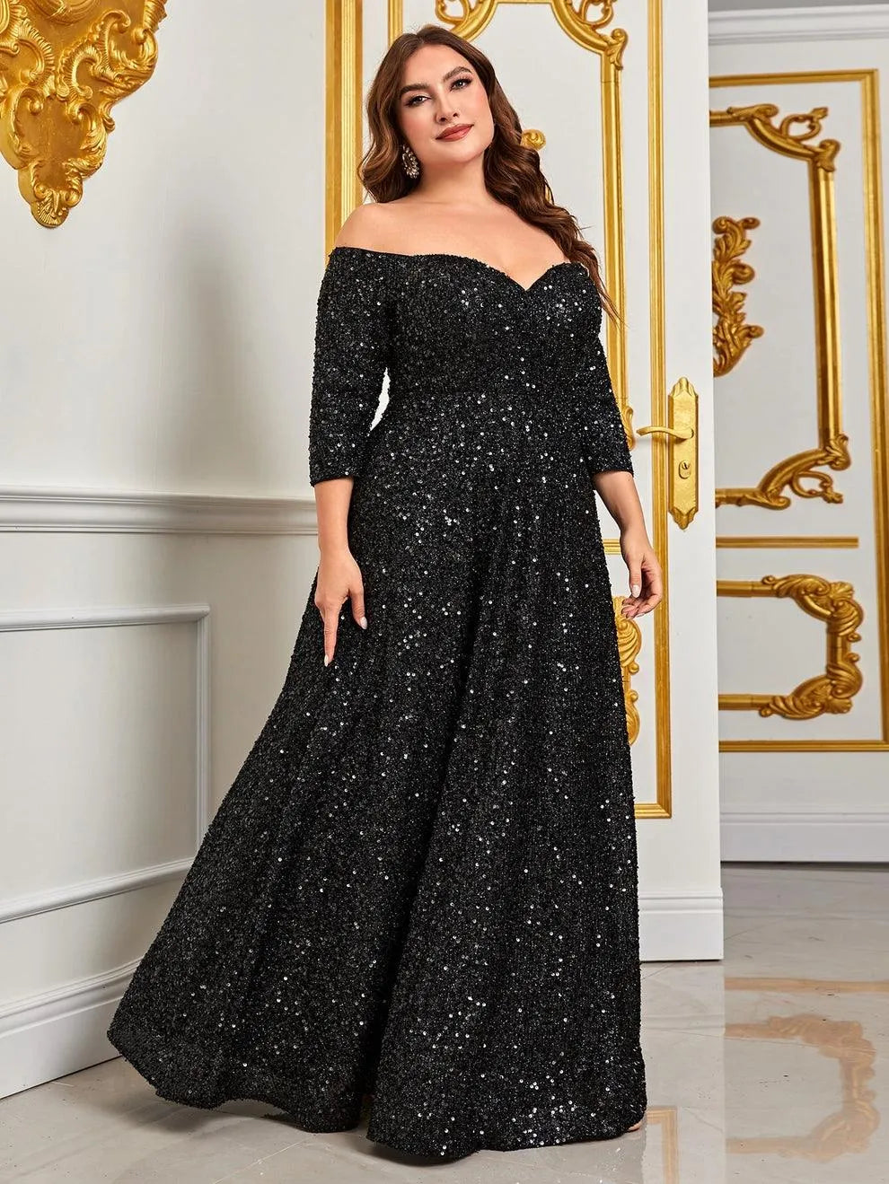 Plus Off Shoulder 3/4 Sleeves Sequin A Line Dress - Elonnashop