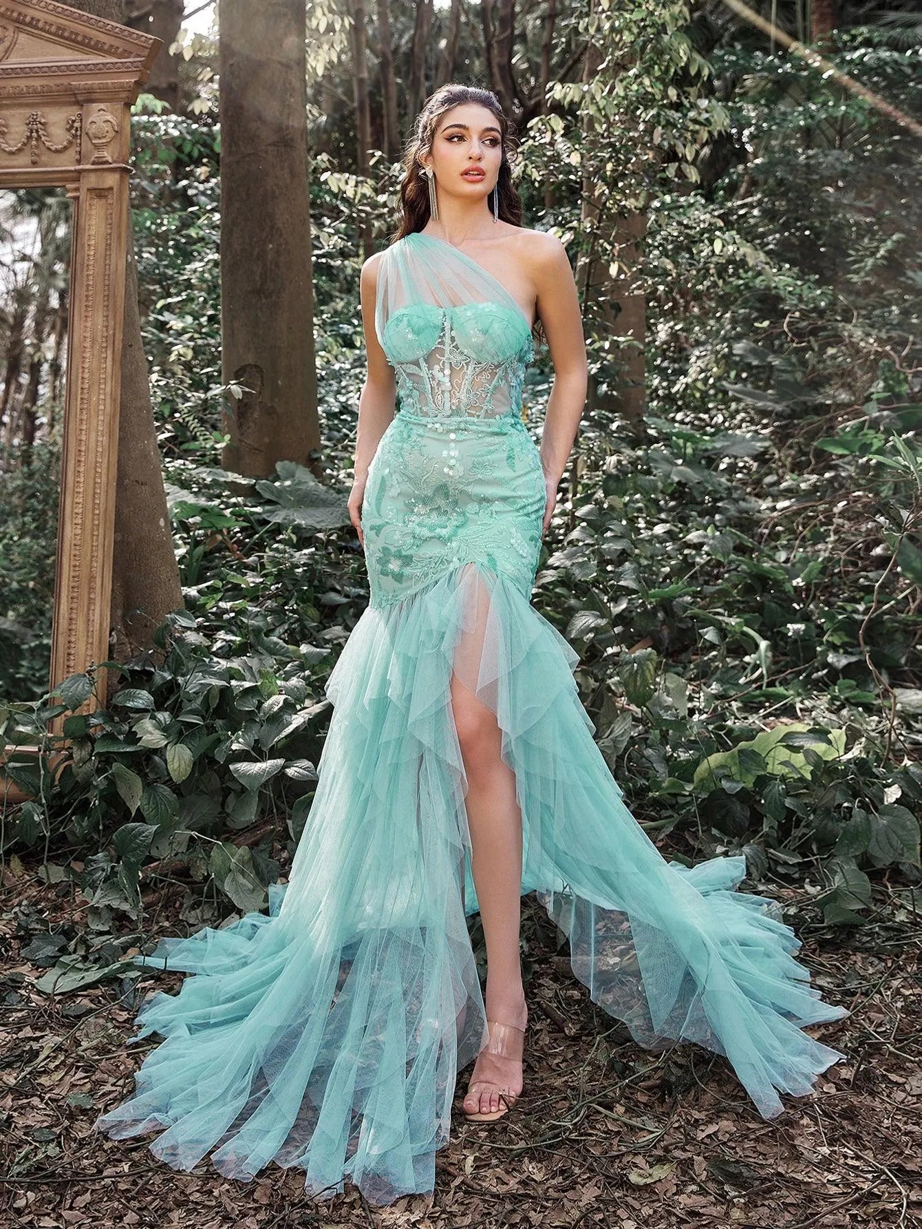 Luxury One Shoulder Tulle Overlay Mermaid Hem Floral Sequin Prom Dress - Elonnashop