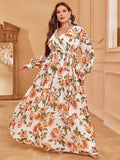 Plus V Neck Long Sleeve Floral Chiffon Dresses - Elonnashop