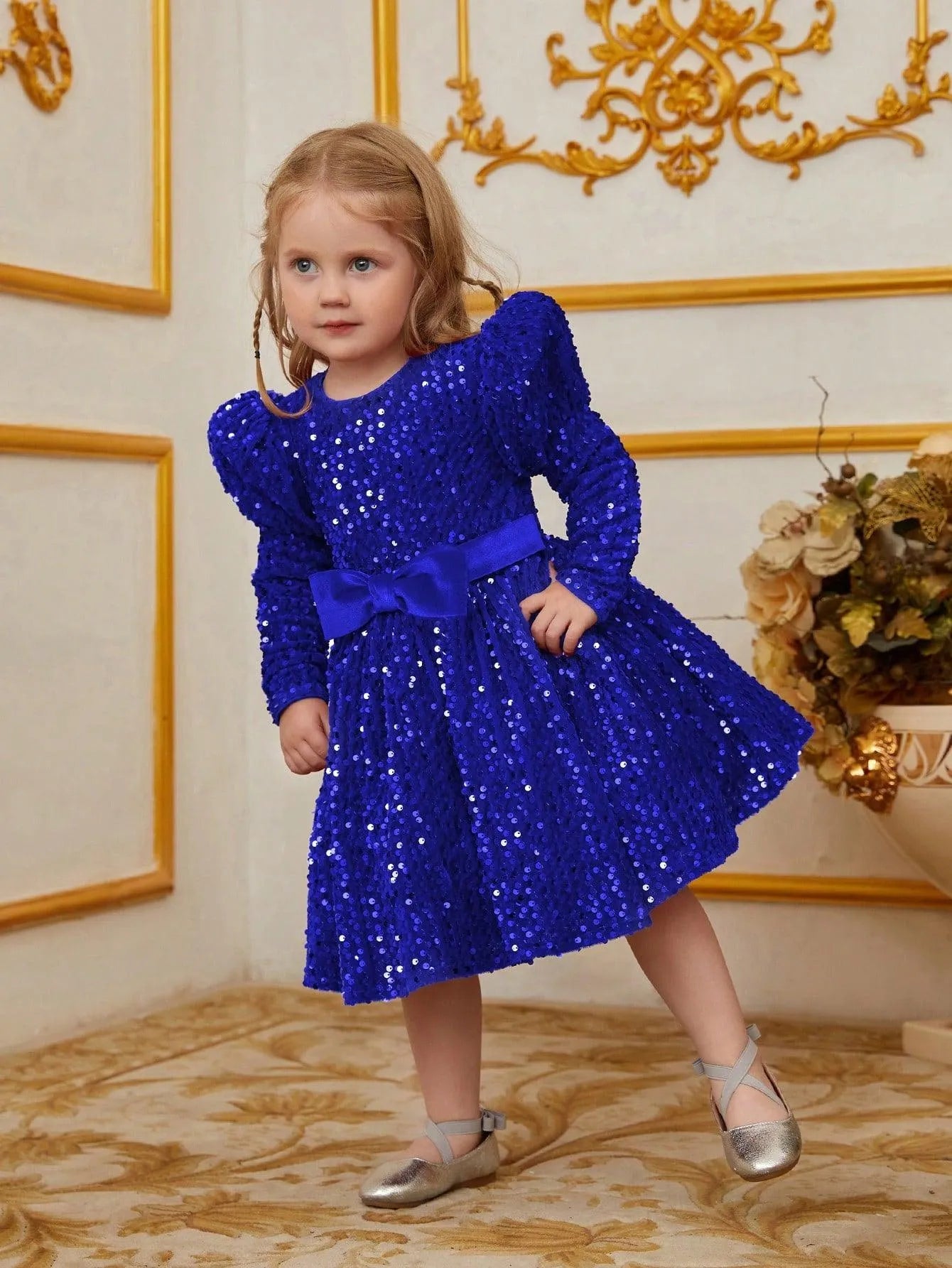 Young Girls' Gigot Sleeve Bow Decor Sequin Midi Dress - Elonnashop