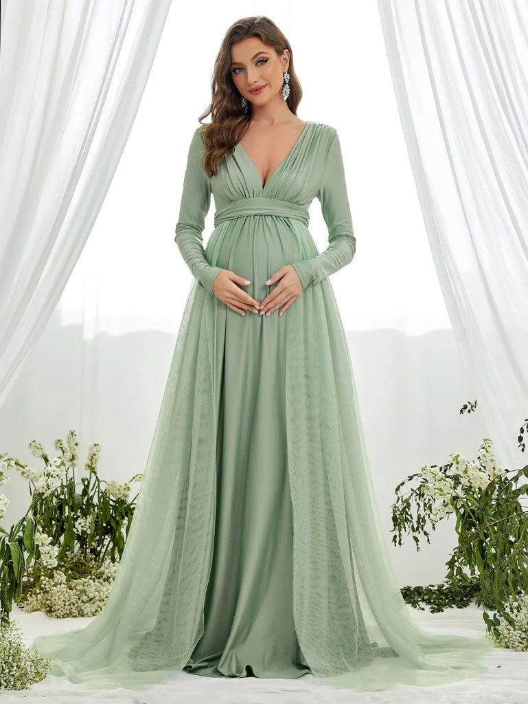 Maternity Plunging Neck Long Sleeve Contrast Mesh Formal Dress Elonnashop