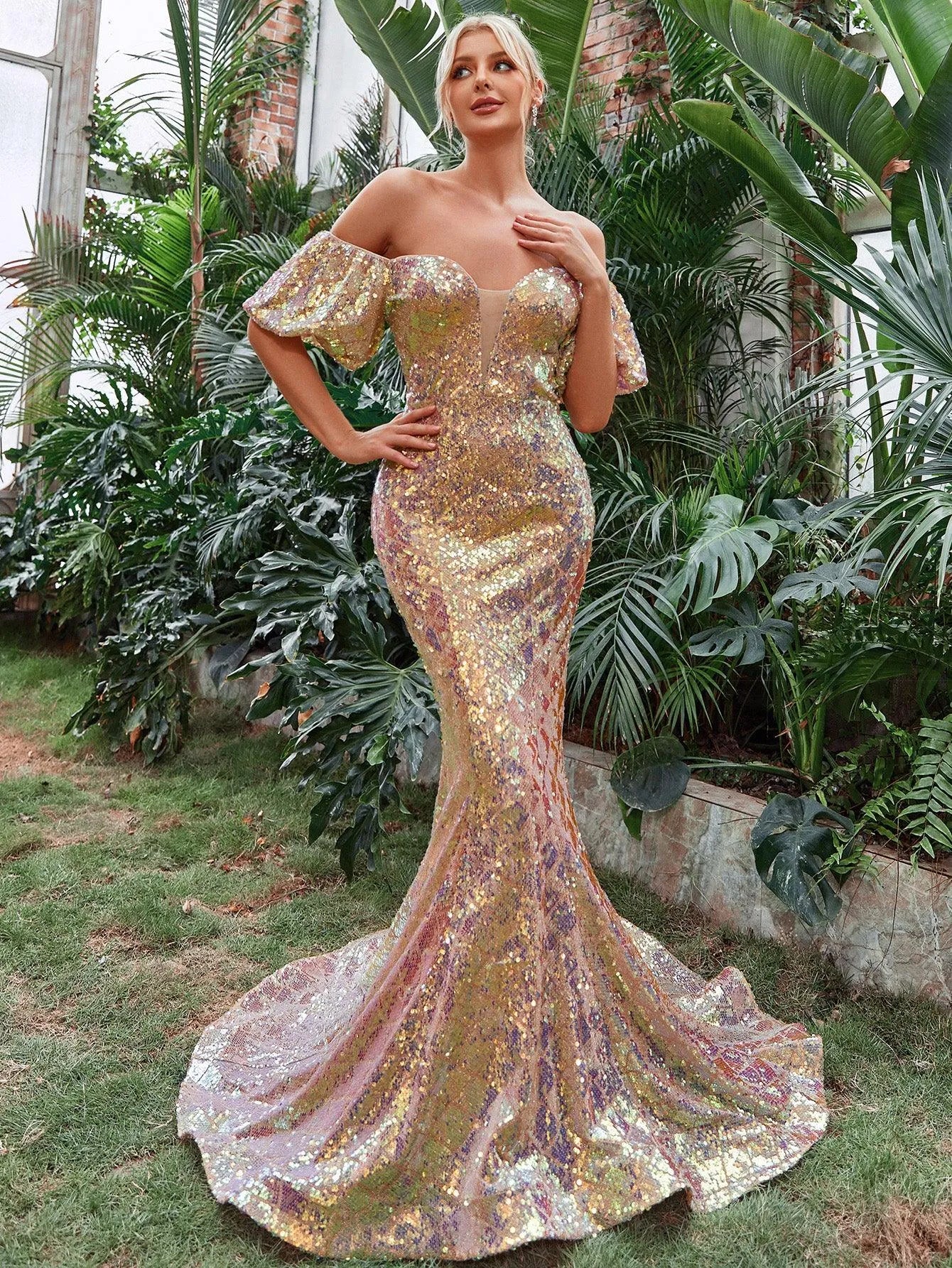 Off Shoulder Puff Sleeves Sequin Mermaid Dresses - Elonnashop