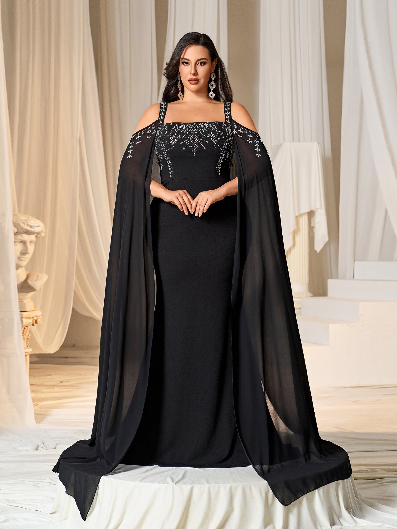 Plus Rhinestone Detail Cold Shoulder Cloak Sleeves Mermaid Hem Formal Dress Evening Dress