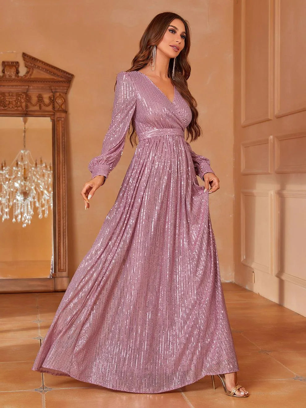 Elegant V Neck Long Sleeves Sequin A Line Dresses - Elonnashop