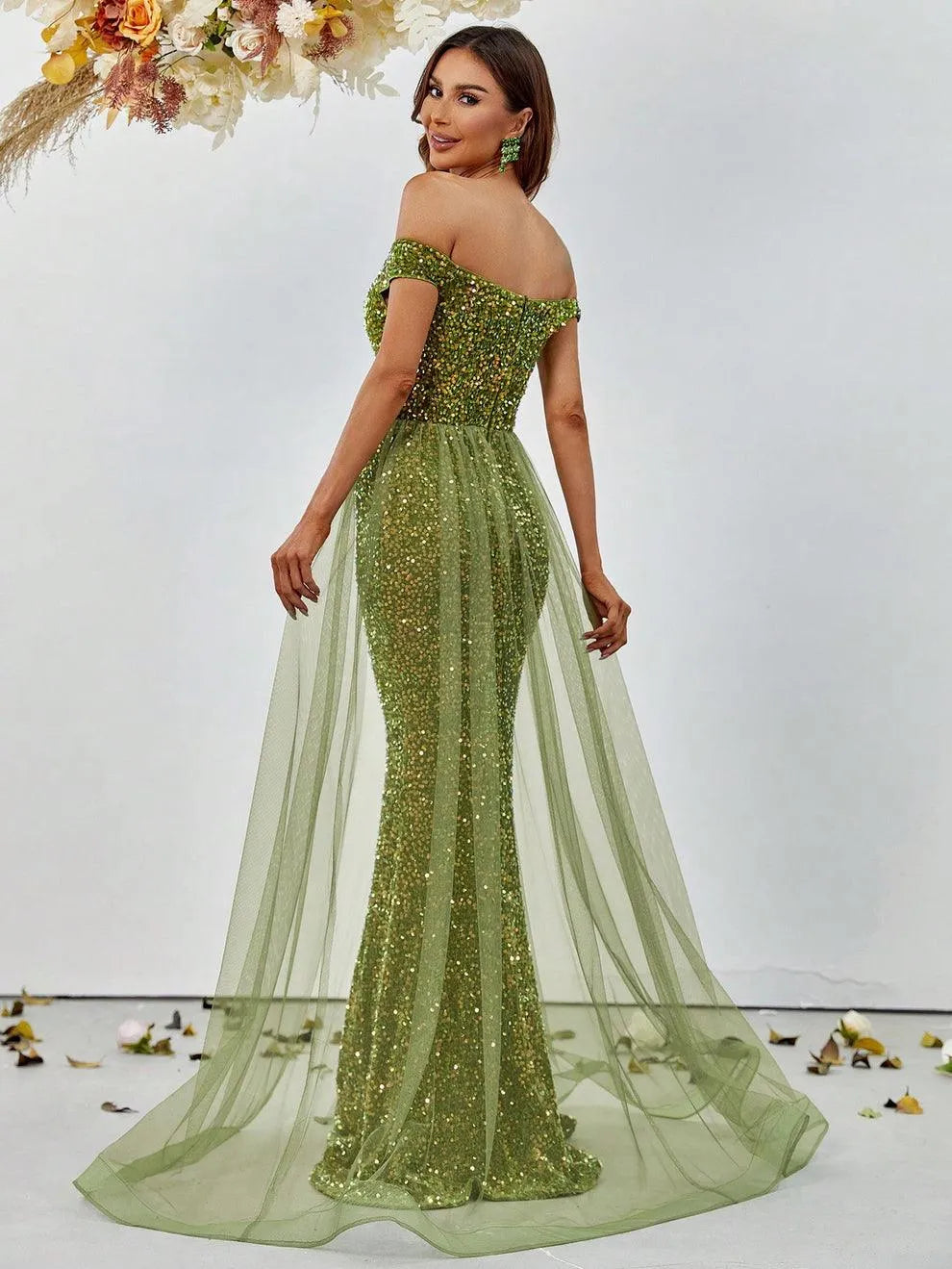 Off Shoulder Sequin Mermaid Dresses Mesh Layer On Waist - Elonnashop