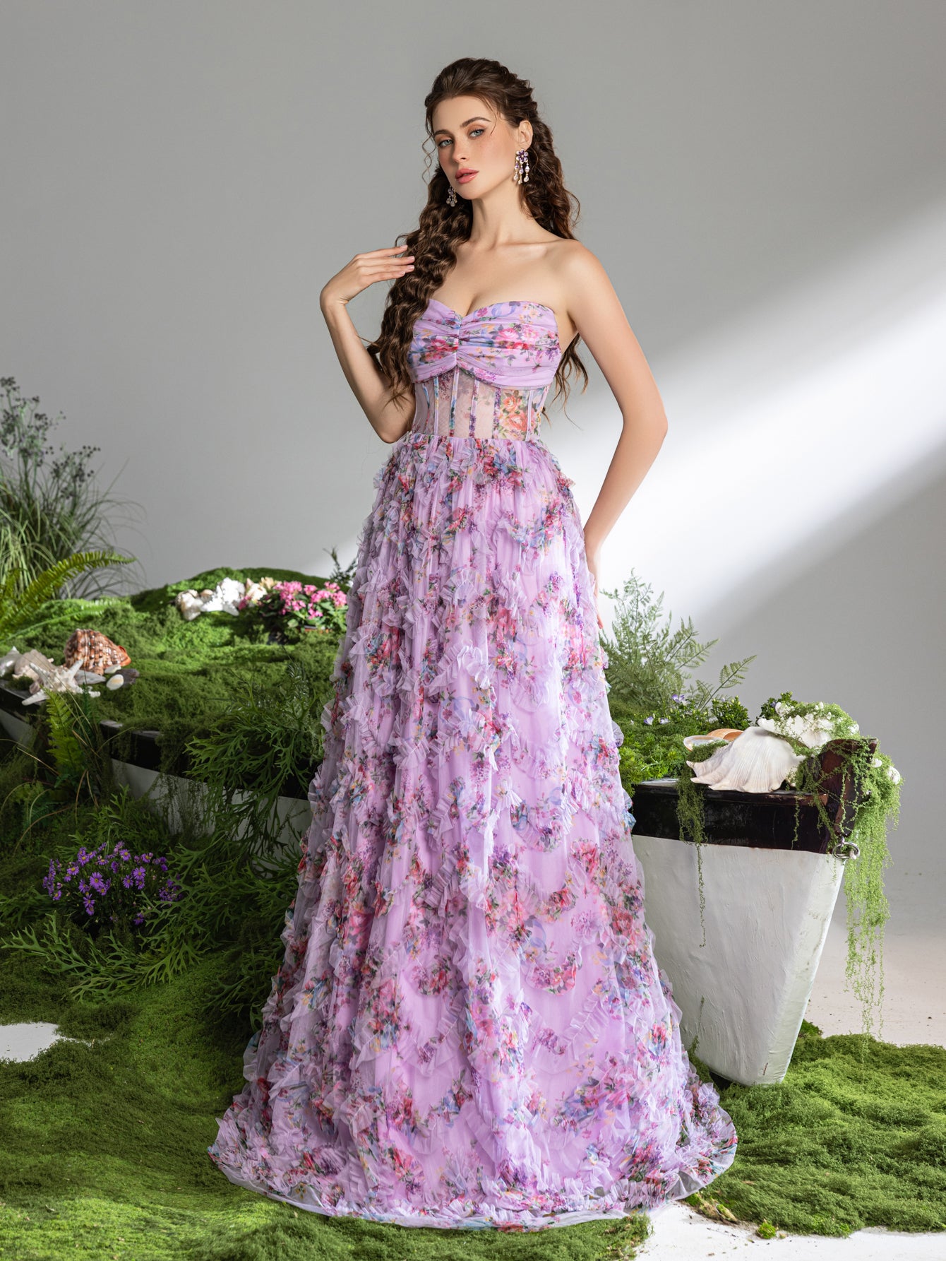purple tube dress Ruched Bustier Ruffle Trim Hem Floral Printed Tube Dress – Elonnashop