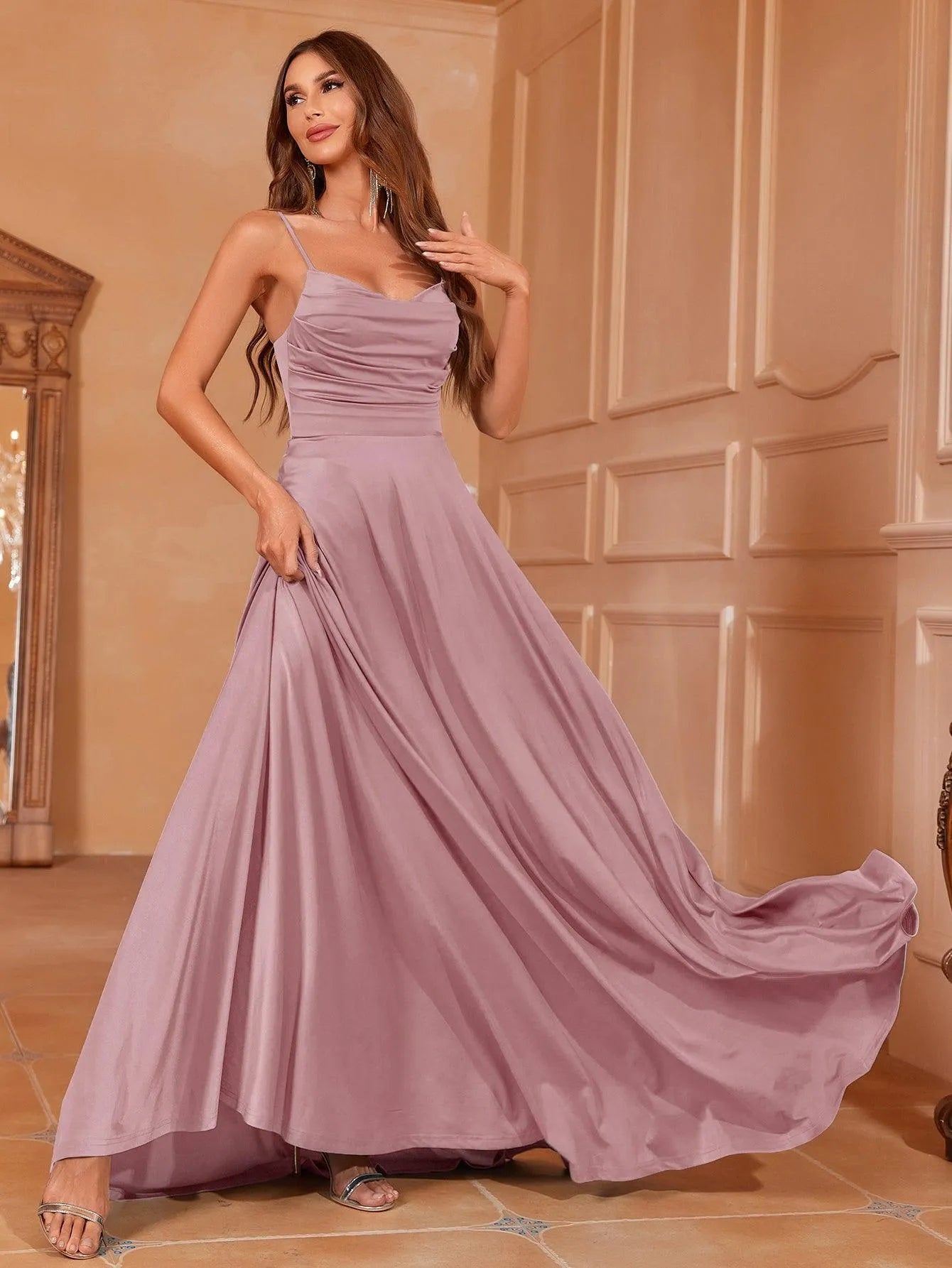 Elegant Ruched Draped Collar Cami Bridesmaid Dress - Elonnashop