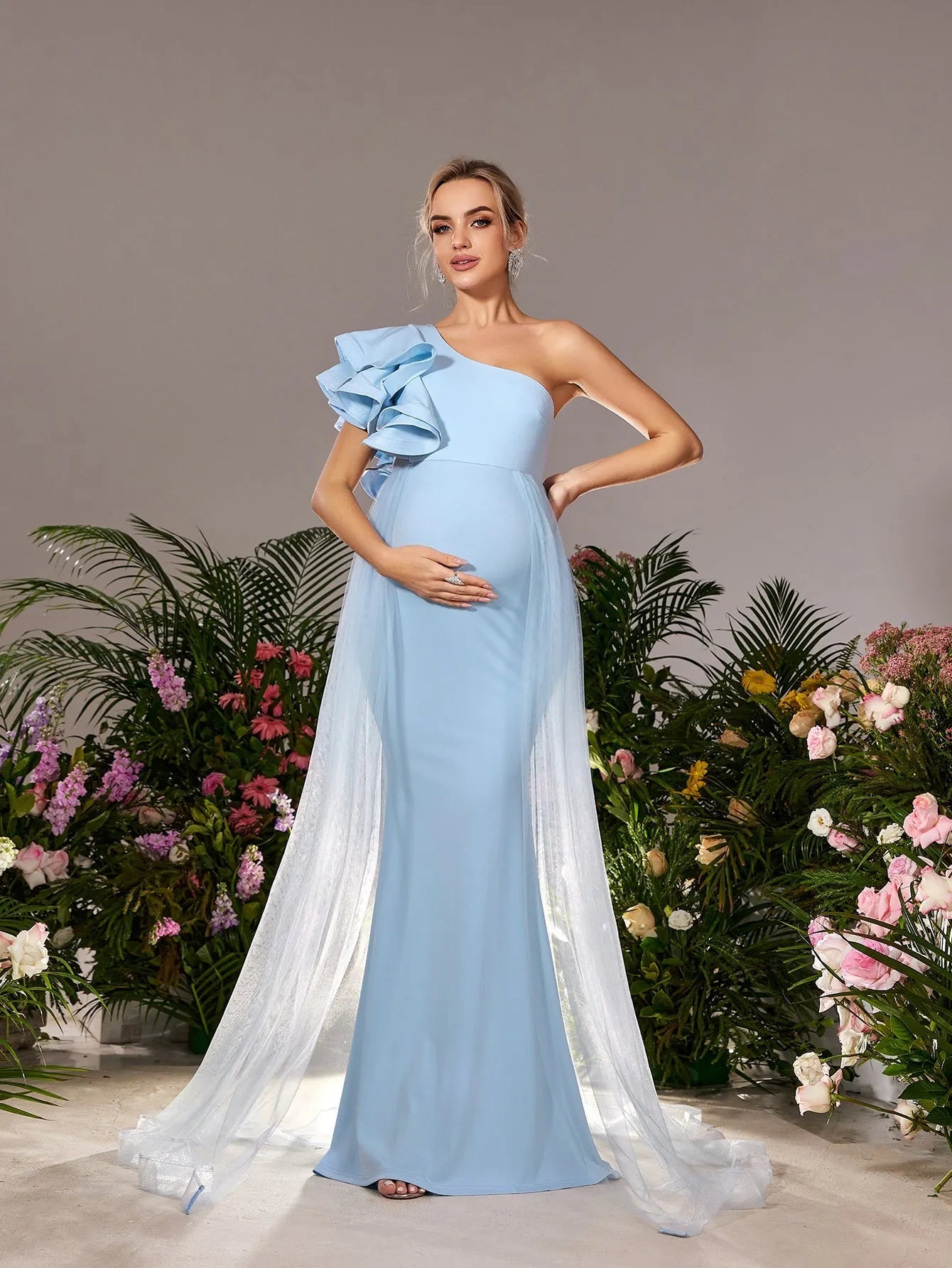 Maternity One Shoulder Ruffle Trim Mesh Overlay Mermaid Party Dress Elonnashop Maternity One Shoulder Ruffle Trim Mesh Overlay Mermaid Party Dress Elonnashop