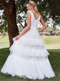 Plunging Neck Layer Ruffle Hem Mesh Wedding Dress - Elonnashop