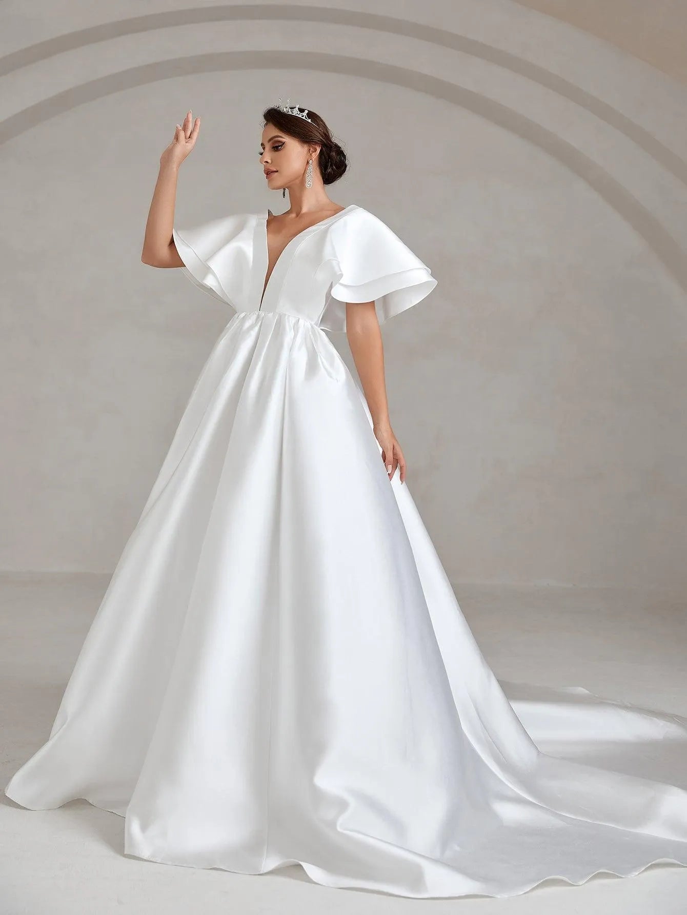 Backless Ruffle Layered Sleeve Wedding Dress - Elonnashop