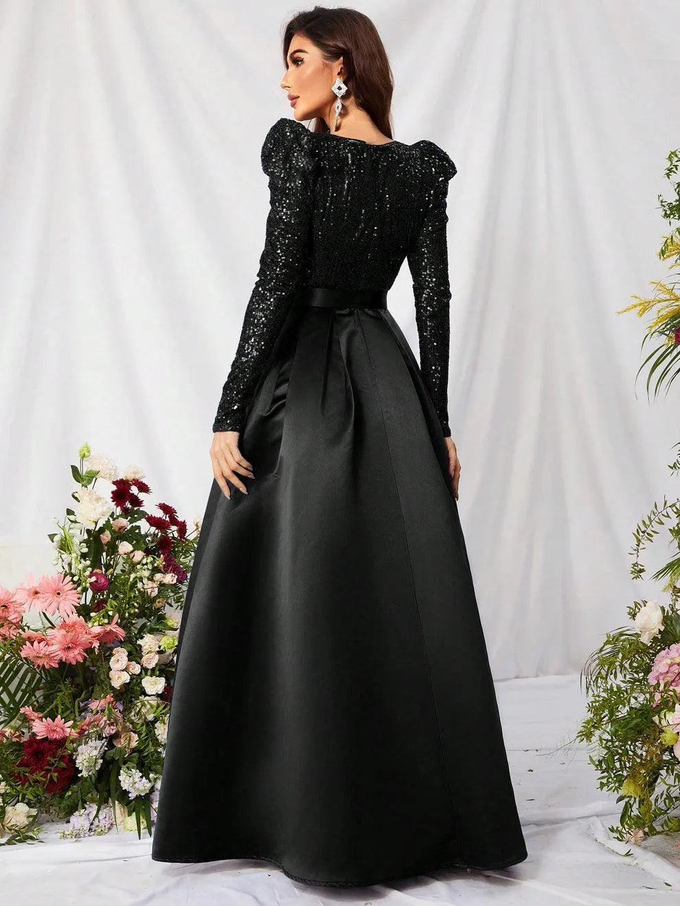 Elegant V Neck Gigot Sleeve Slit A Line Prom Dress - Elonnashop