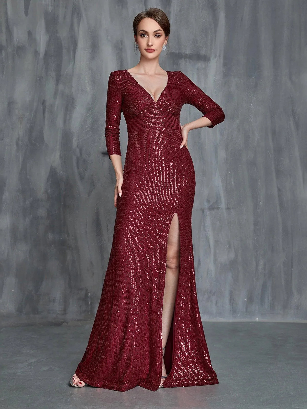 Womens' Plunging Neck Split Sequin Formal Dress - Elonnashop