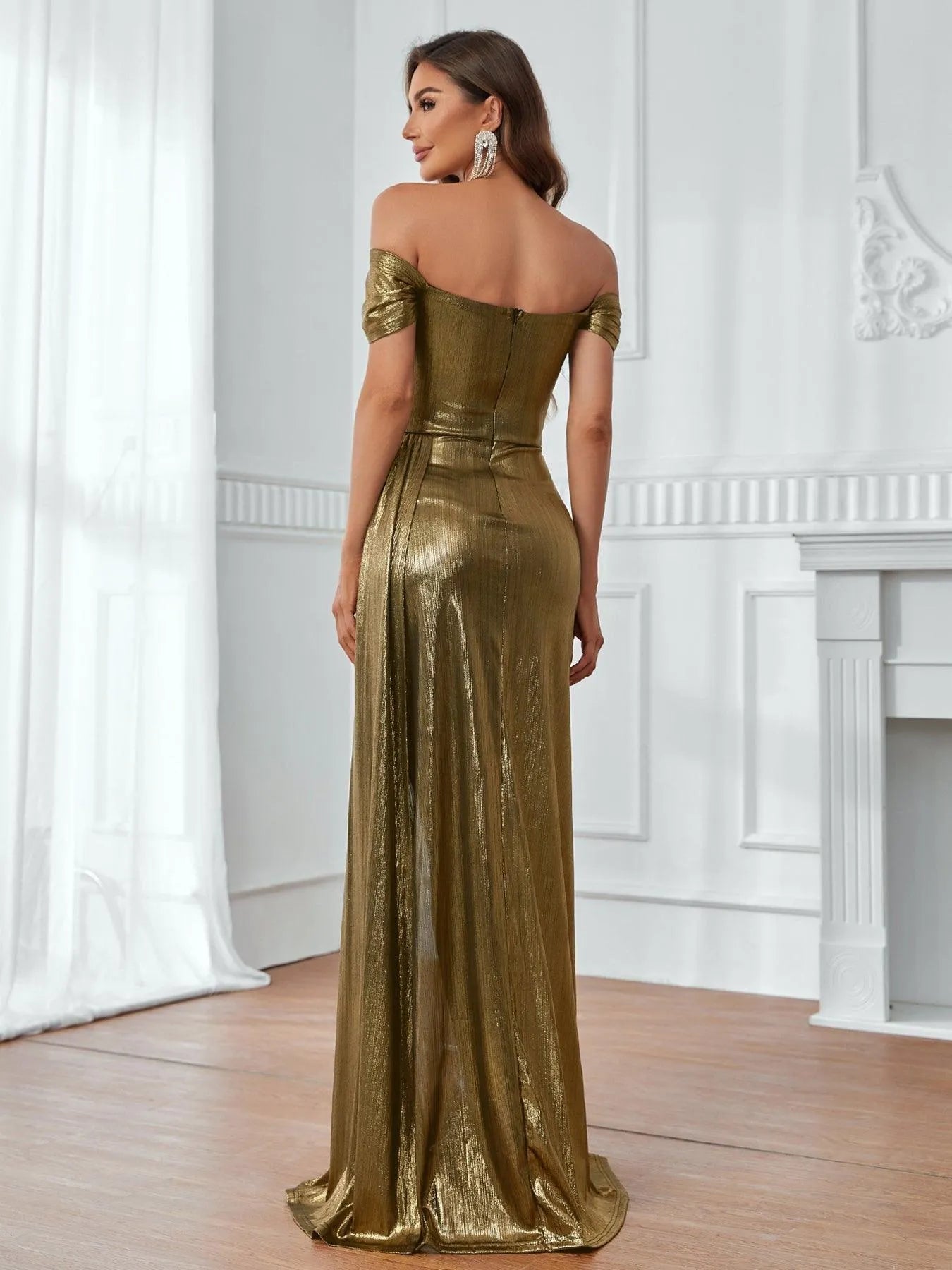 Off Shoulder Ruched Front Draped Side Metallic Party Dress Elonnashop Off Shoulder Ruched Front Draped Side Metallic Party Dress Elonnashop