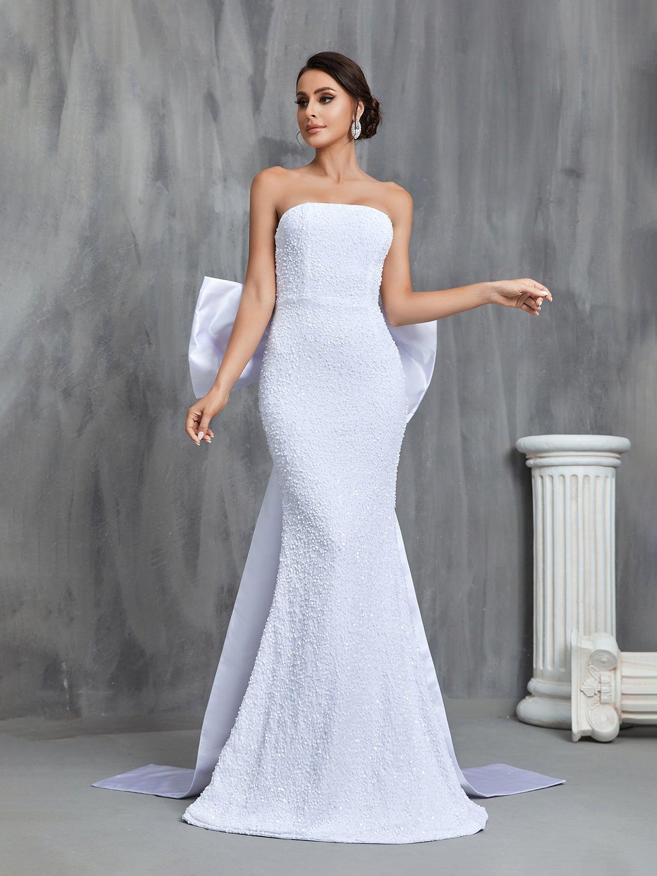 Sequin Mermaid Tube Wedding Dress With Satin Big Bow - Elonnashop