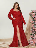 Plus Sweetheart Neck Long Sleeve Sequin Slit Dress - Elonnashop