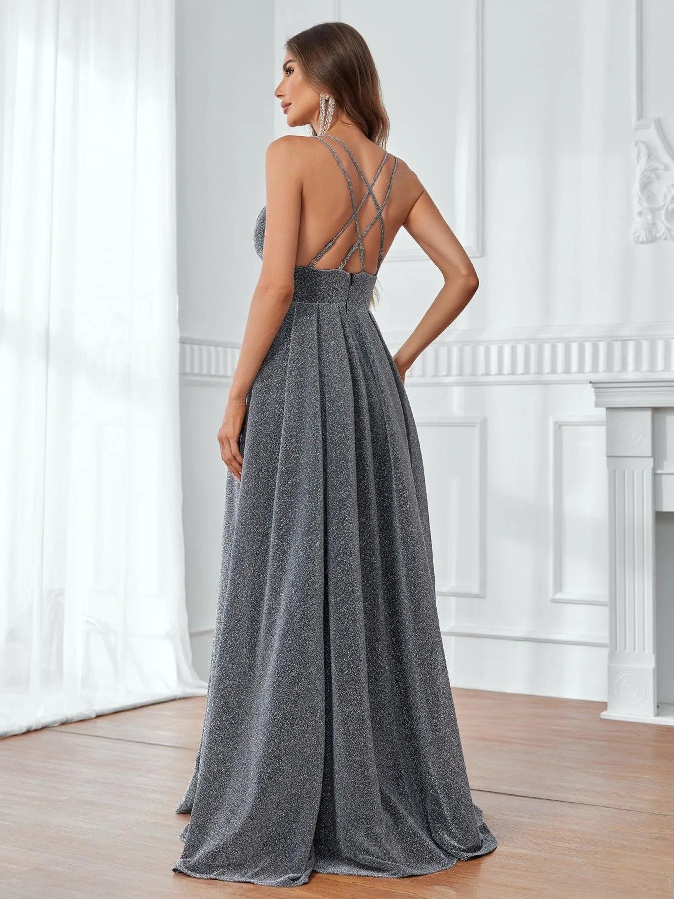 Glitter Backless A Line Formal Cami Dress - Elonnashop