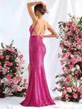 Elegant Spaghetti Strap Split Thigh Sequin Prom Dresses - Elonnashop